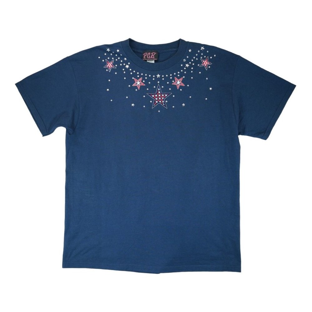 Vintage PGB 80s 90s Women's Large Blue T-shirt Embroidered/Rhinestones Stars